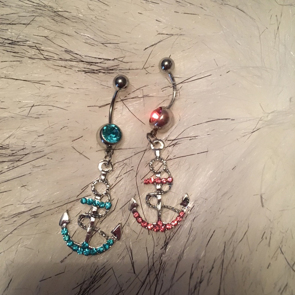 GORGEOUS BLING BLUE & PINK ANCHOR BELLY RING 2PK